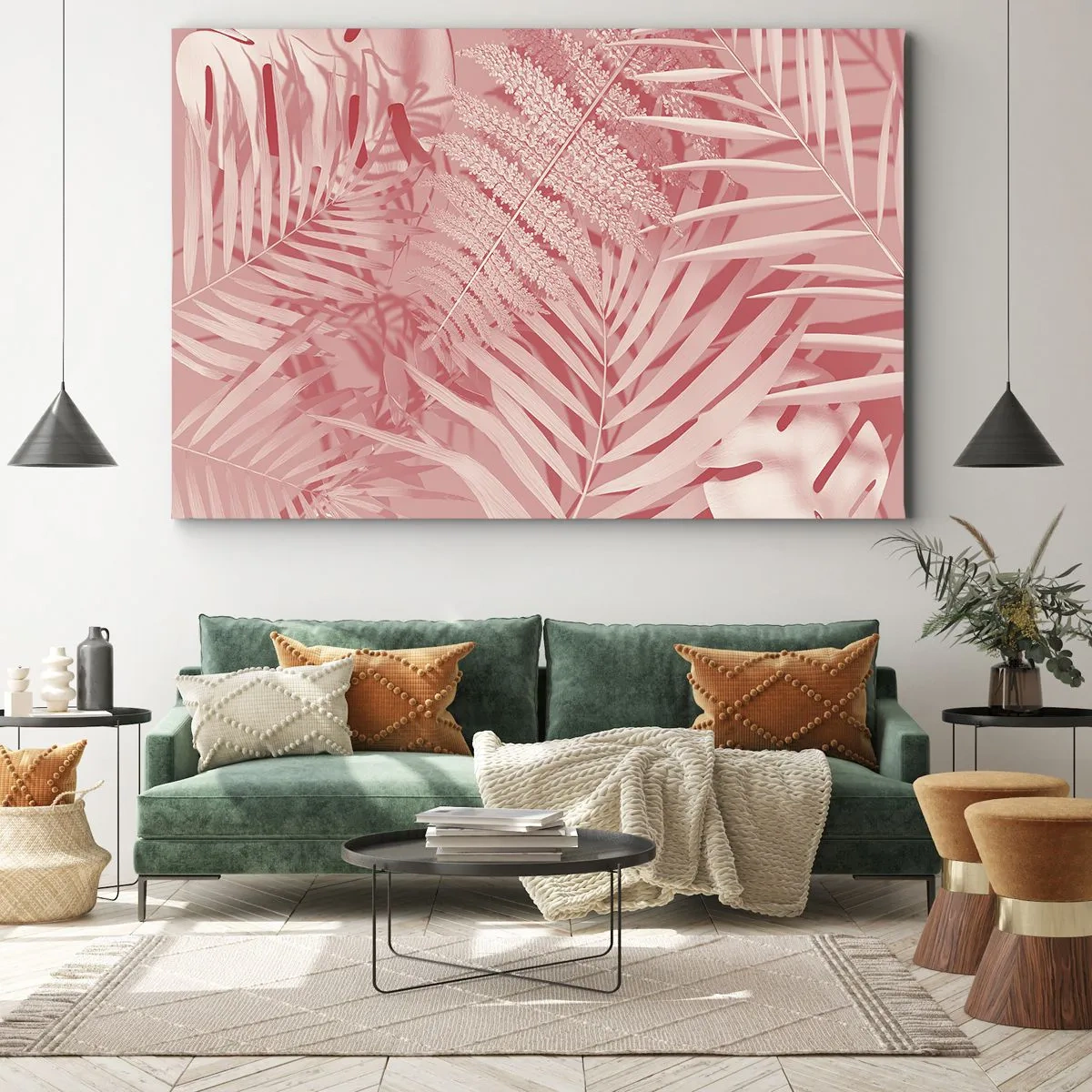Bild auf Leinwand - Leinwandbild - Rosa tropische Blätter in einem zarten und minimalistischen Stil - 70x50cm - Rosa Konzept - Moderne Wanddekoration für Wohnzimmer und Schlafzimmer ARTTOR
