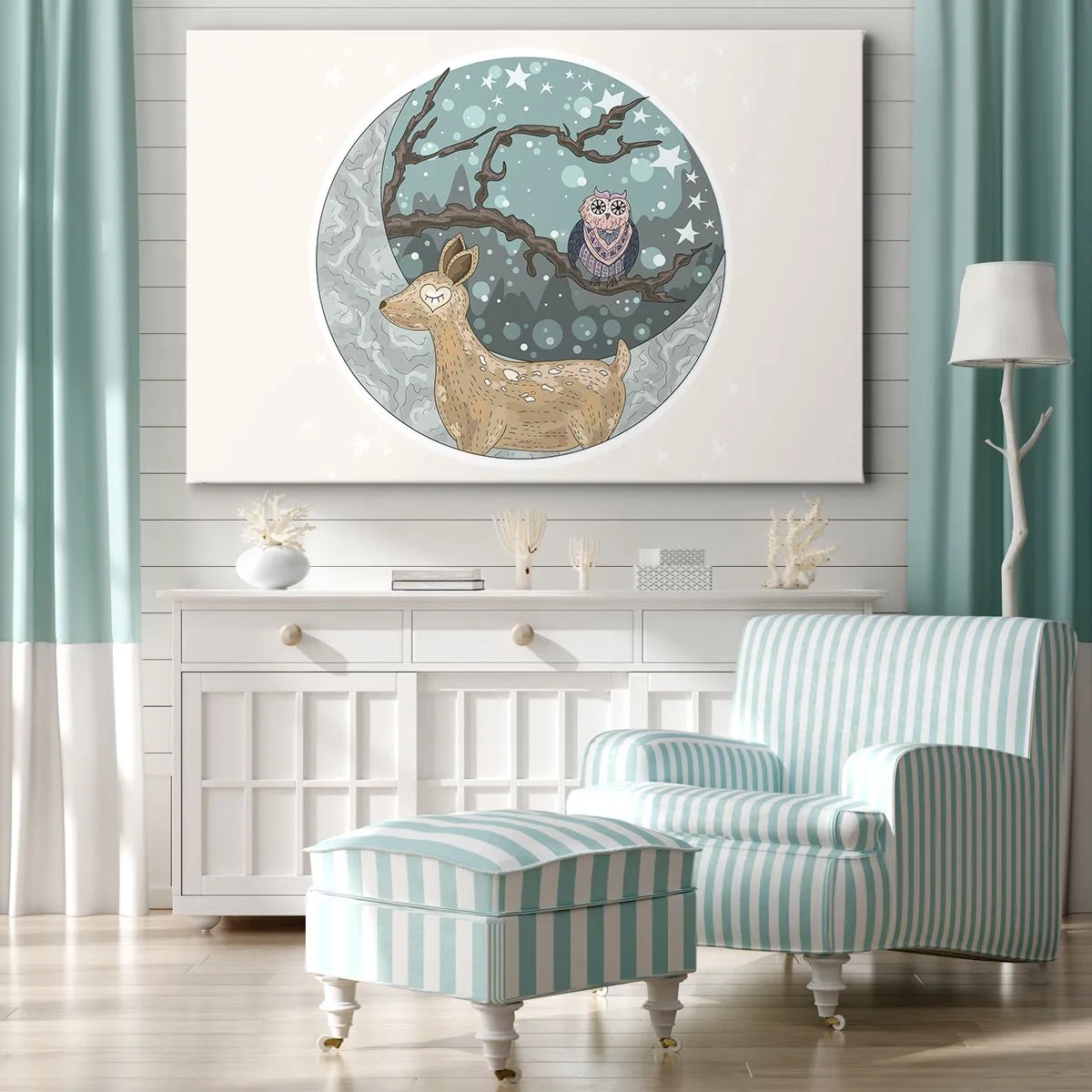 Bild auf Leinwand - Leinwandbild - Ein Reh und eine Eule in einer märchenhaften Nachtlandschaft - 120x80cm - Eine märchenhafte Waldnacht - Moderne Wanddekoration für Wohnzimmer und Schlafzimmer ARTTOR