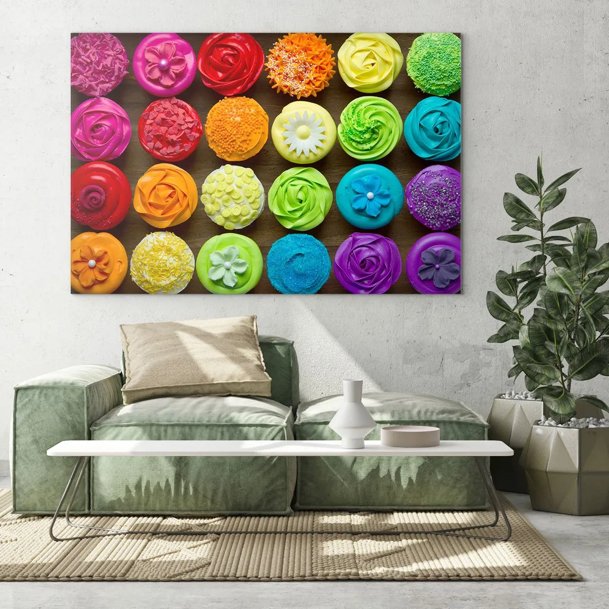 Glasbild - Bild auf glas - Bunte Cupcakes mit Dekorationen auf einem hölzernen Hintergrund - 120x80cm - Alles andere - alles lecker - Moderne Wanddekoration für Wohnzimmer und Schlafzimmer ARTTOR