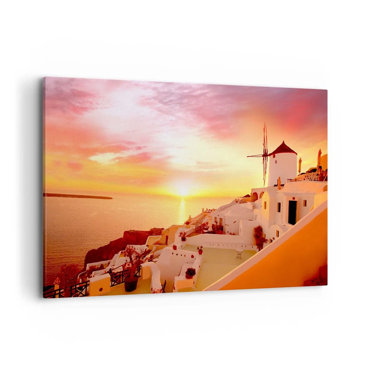 Bild auf Leinwand - Leinwandbild - Santorini bei Sonnenuntergang mit einer Windmühle - 120x80cm - In Weiß und Gold schmelzen - Moderne Wanddekoration für Wohnzimmer und Schlafzimmer ARTTOR