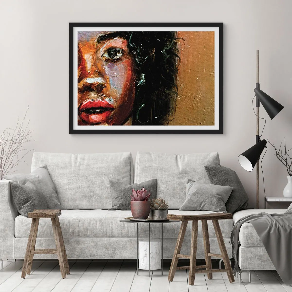 Poster in einem schwarzem Rahmen - Ein ausdrucksstarkes Frauenporträt in intensiven Farben. - 100x70cm - Schwarz und Glanz - Moderne Wanddekoration für Wohnzimmer und Schlafzimmer ARTTOR