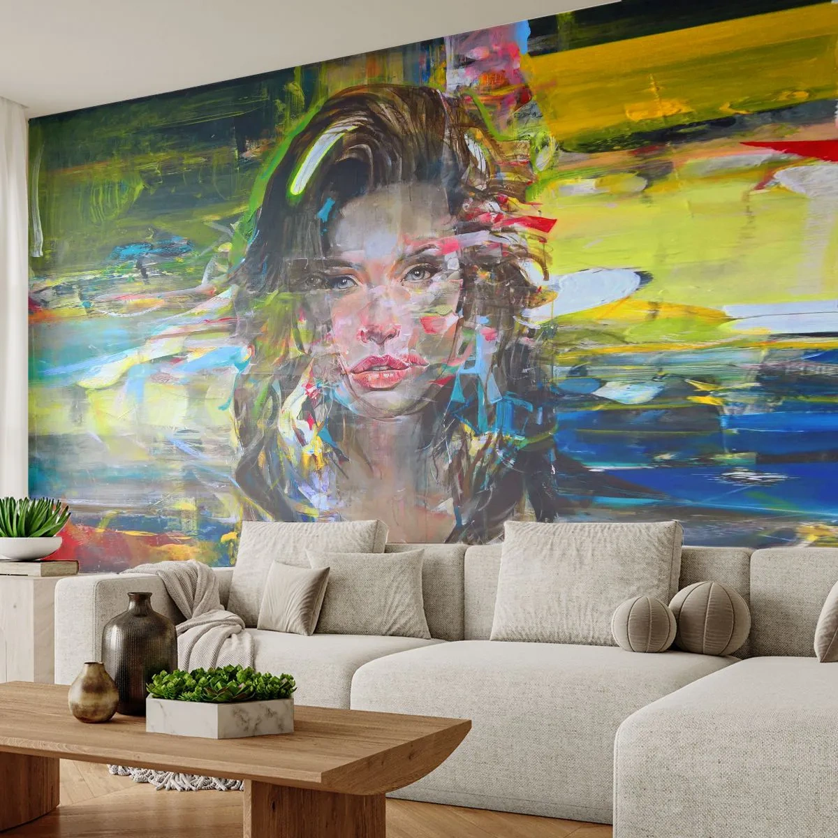 Selbstklebende Fototapete Deluxe Sticker - Hinter der Luft ein Vorhang - Porträt einer Frau, Gesicht, Abstraktion - 300x210 cm