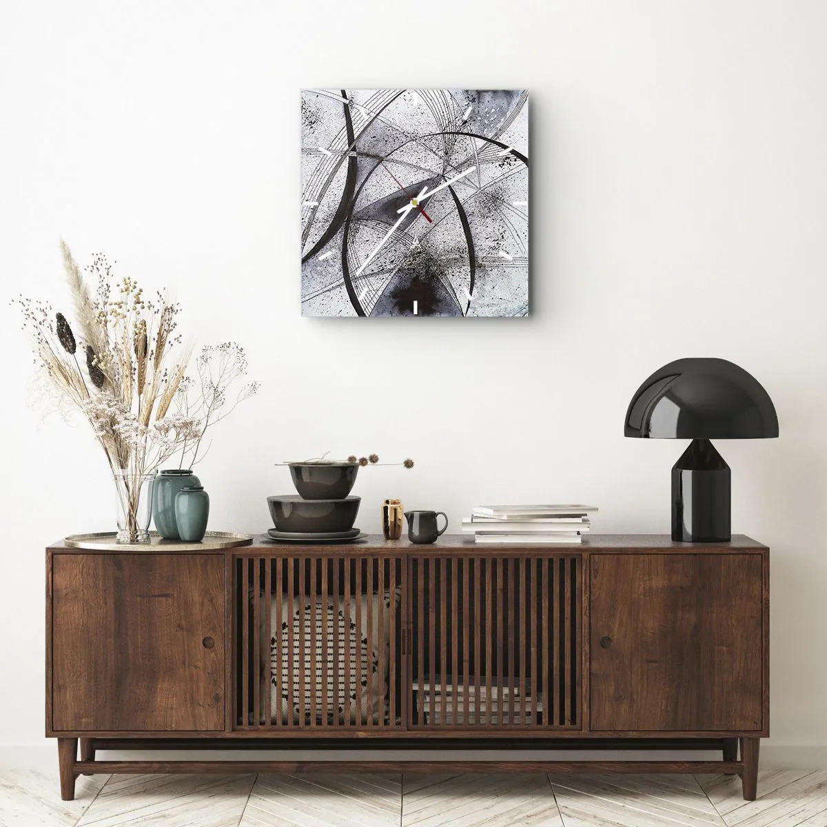 Wanduhr - Glasuhr - Abstrakte Linien und Formen in Grau- und Schwarztönen - 30x30cm - Futuristische Fantasie - Moderne Wanddekoration für Wohnzimmer und Schlafzimmer ARTTOR