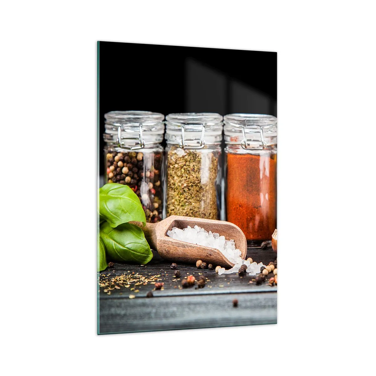Glasbild - Bild auf glas - Kräuter und Gewürze in Gläsern auf dunklem Hintergrund - 70x100cm - Für einen Geschmack des Lebens - Moderne Wanddekoration für Wohnzimmer und Schlafzimmer ARTTOR