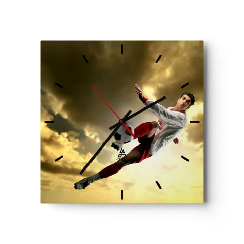 Wanduhr - Glasuhr - Ein Fußballspieler in einem dynamischen Sprung kickt den Ball in den Himmel - 30x30cm - Fußballhimmel - Moderne Wanddekoration für Wohnzimmer und Schlafzimmer ARTTOR