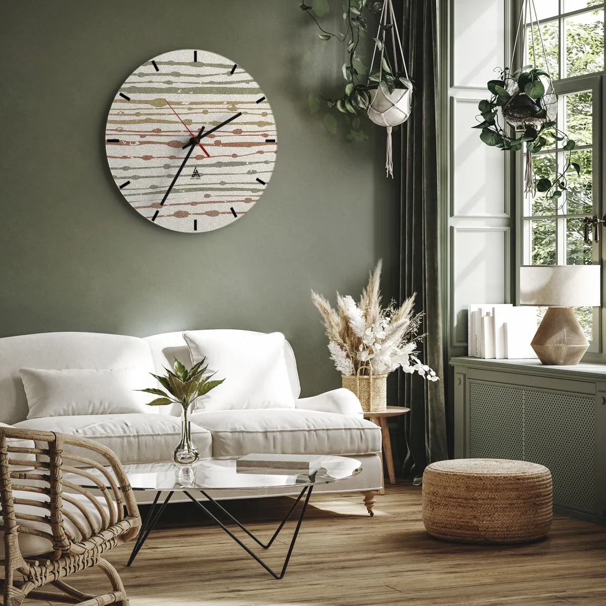 Wanduhr - Glasuhr - Bunte Linien und Punkte im horizontalen Rhythmus auf hellem Hintergrund - 30x30cm - Musikalische Notation von Farben - Moderne Wanddekoration für Wohnzimmer, Küche und Schlafzimmer ARTTOR