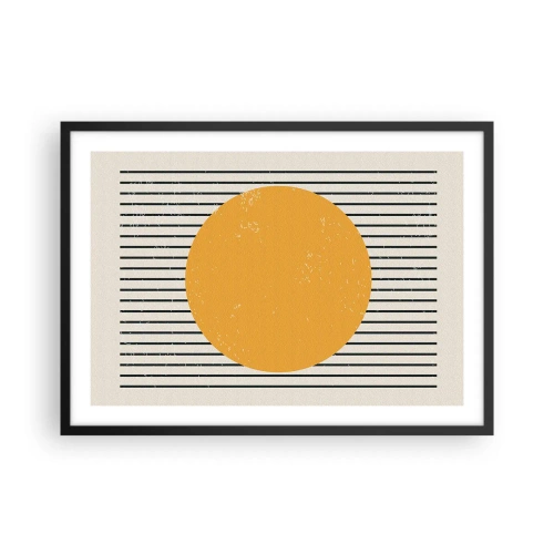 Poster in einem schwarzem Rahmen - Ein gelber Kreis auf einem Hintergrund aus schwarzen und weißen horizontalen Linien - 70x50cm - Die Kraft der Einfachheit - Moderne Wanddekoration für Wohnzimmer und Schlafzimmer ARTTOR