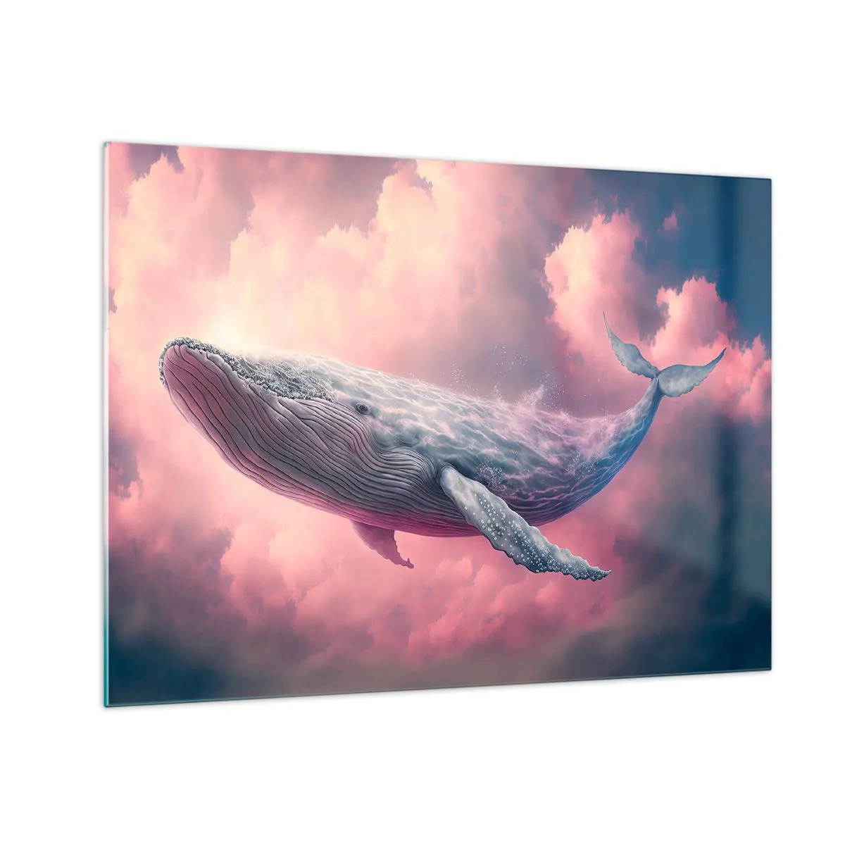 Glasbild - Bild auf glas - Ein Wal, der mit einem rosa Schimmer in den Wolken schwebt - 70x50cm - Reibe deine Augen - Moderne Wanddekoration für Wohnzimmer und Schlafzimmer ARTTOR
