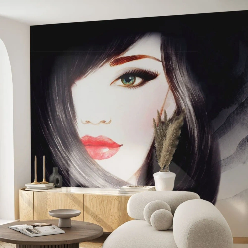 Selbstklebende Fototapete Deluxe Sticker - Saphir-Optik - Das Gesicht einer Frau, rote Lippen, Grüne Augen - 200x140 cm