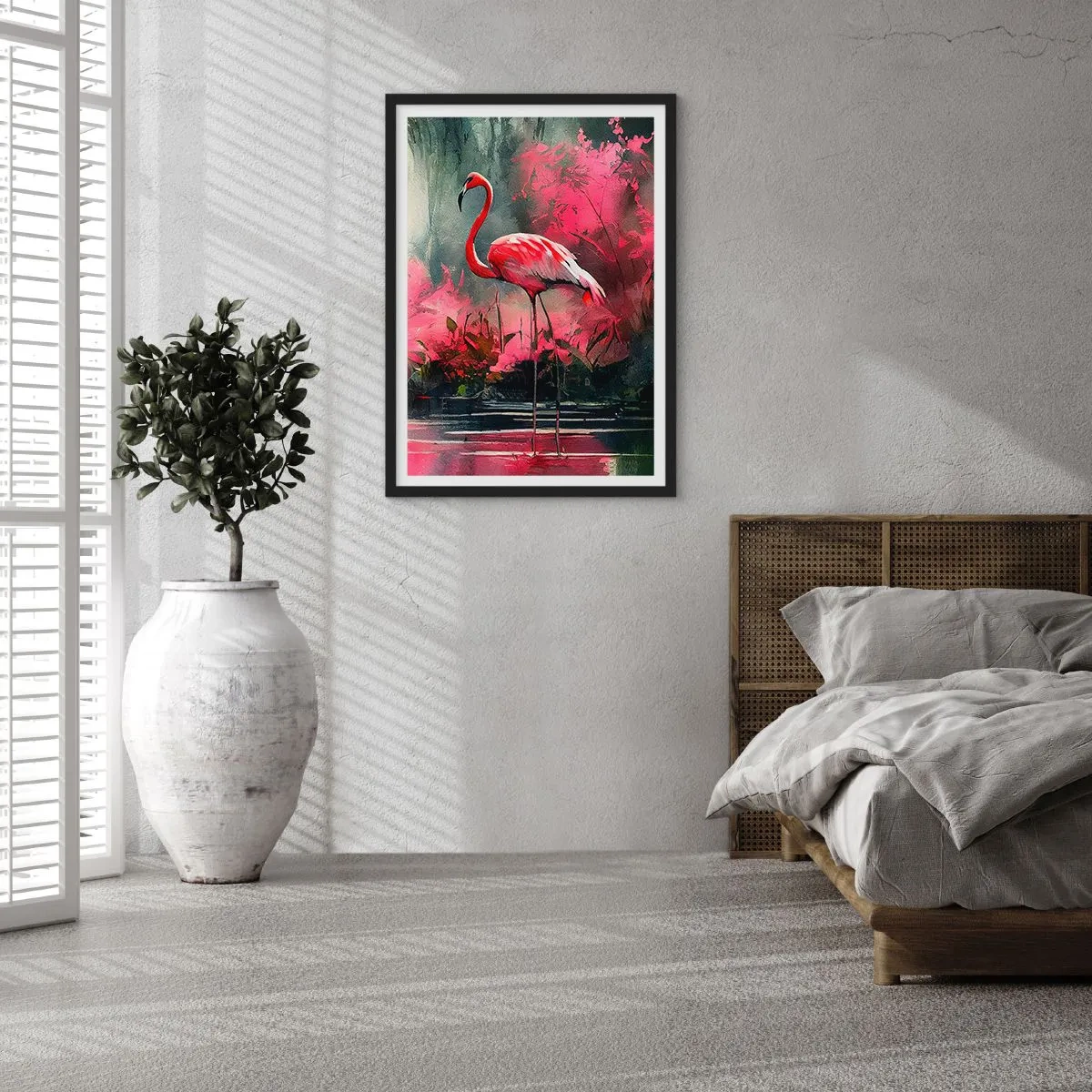 Poster in einem schwarzem Rahmen - Ein Flamingo, umgeben von rosa Vegetation am Wasser - 50x70cm - Lektion in natürlicher Anmut - Moderne Wanddekoration für Wohnzimmer und Schlafzimmer ARTTOR