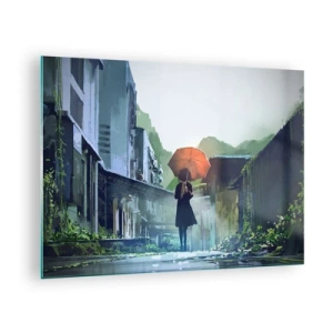 Glasbild - Bild auf glas - Eine Figur mit einem orangefarbenen Regenschirm auf einer verregneten Straße - 70x50cm - Belebender Regen - Moderne Wanddekoration für Wohnzimmer und Schlafzimmer ARTTOR