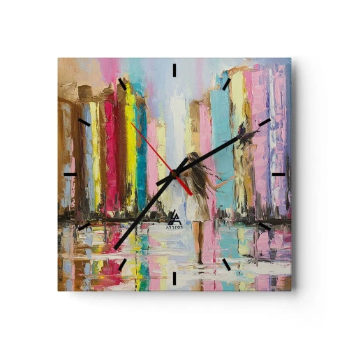 Wanduhr - Glasuhr - Eine bunte Stadt und eine Frau in einem weißen Kleid mit einem Vogel - 30x30cm - Folge mir - Moderne Wanddekoration für Wohnzimmer und Schlafzimmer ARTTOR