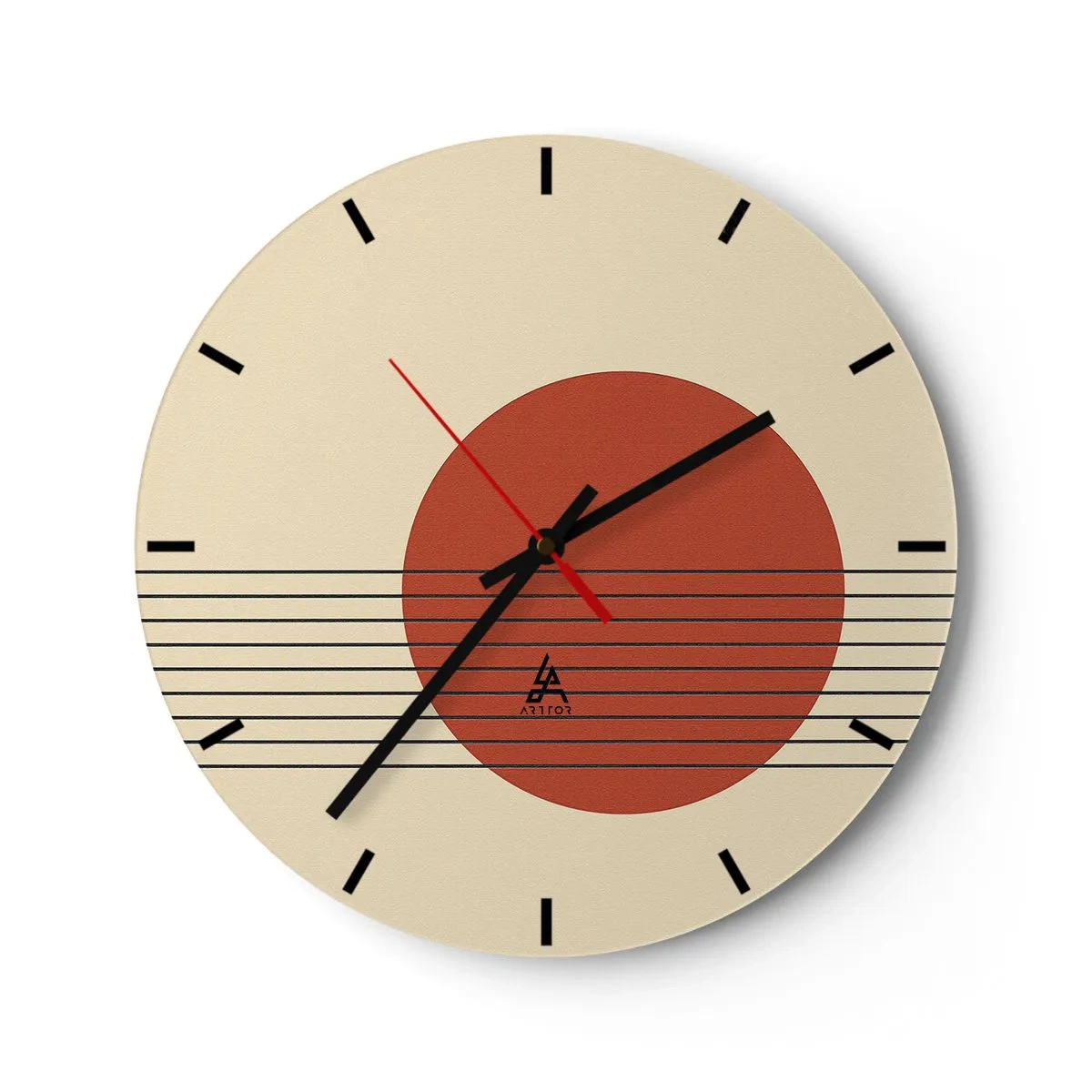 Wanduhr - Glasuhr - Geometrisches Motiv mit einem orangefarbenen Kreis und schwarzen Linien - 30x30cm - Immer wieder und weiter - Moderne Wanddekoration für Wohnzimmer, Küche und Schlafzimmer ARTTOR