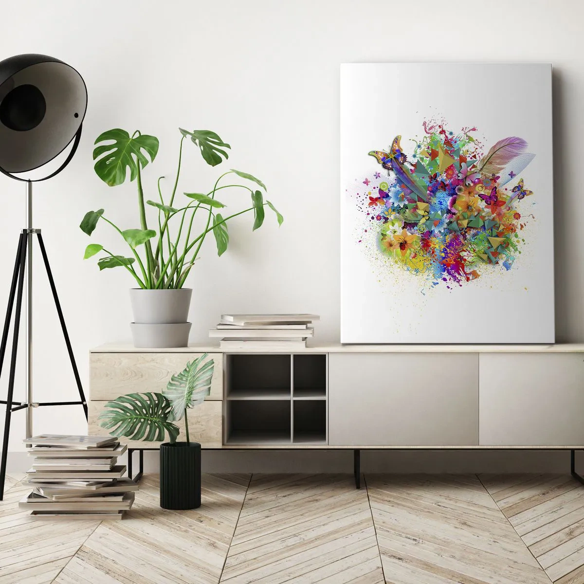 Bild auf Leinwand - Leinwandbild - Farbenfrohes Motiv mit Blumen und Schmetterlingen - 70x100cm - Ein Strauß Freude - Moderne Wanddekoration für Wohnzimmer und Schlafzimmer ARTTOR