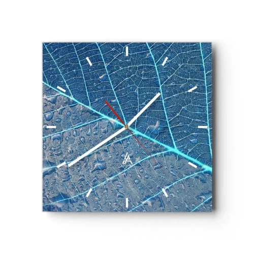 Wanduhr - Glasuhr - Ein Blatt in Blautönen mit Wassertropfen - 30x30cm - Leben in Blau - Moderne Wanddekoration für Wohnzimmer und Schlafzimmer ARTTOR
