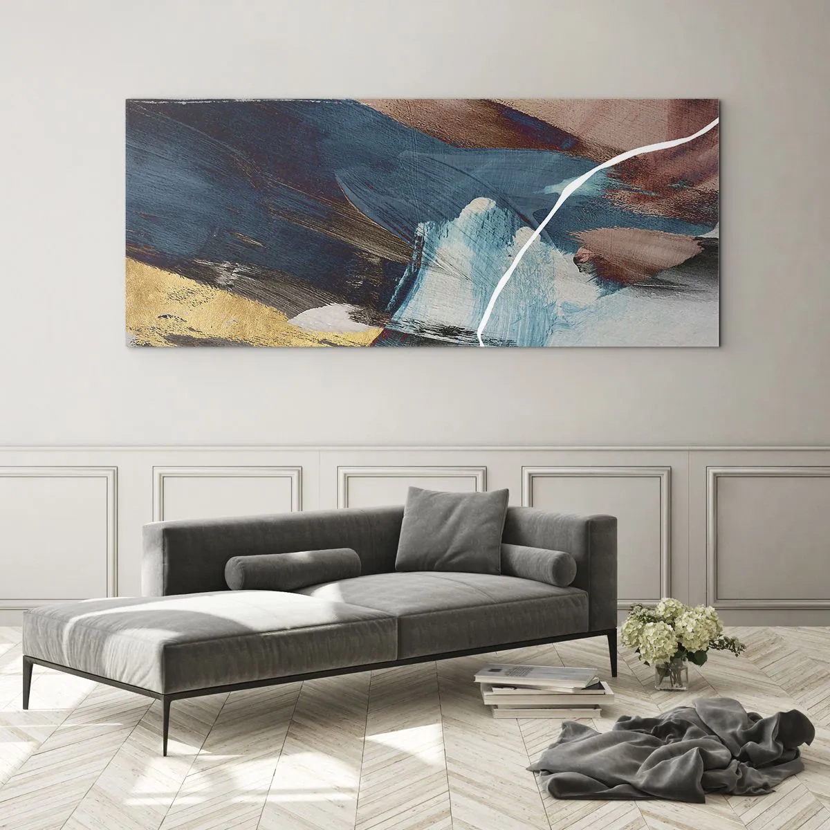 Glasbild - Bild auf glas - Abstrakte Pinselstriche in Blau- und Goldtönen - 120x50cm - Großzügig und mit Energie - Moderne Wanddekoration für Wohnzimmer und Schlafzimmer ARTTOR