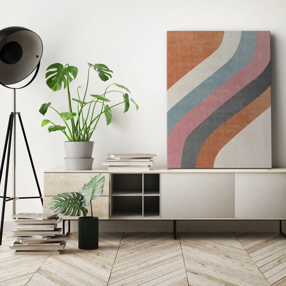 Bild auf Leinwand - Leinwandbild - Bunte Retro-Streifen - 50x70cm - Diagonale Komposition – Bewegung - Moderne Wanddekoration für Wohnzimmer und Schlafzimmer ARTTOR