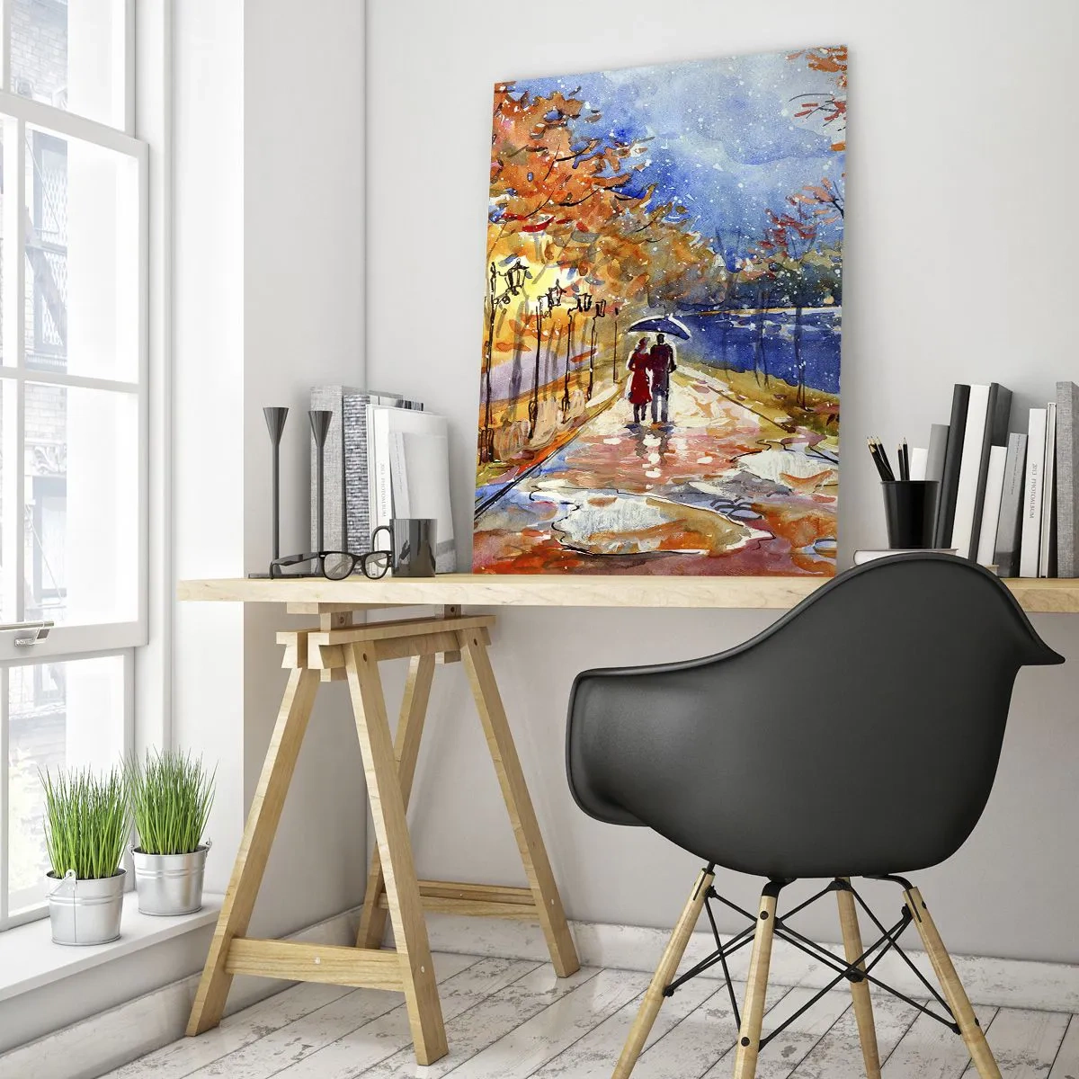 Glasbild - Bild auf glas - Ein Herbstspaziergang entlang der Allee mit bunten Blättern und Laternen - 50x70cm - Gemeinsam bis an die Grenze der Zeit - Moderne Wanddekoration für Wohnzimmer und Schlafzimmer ARTTOR