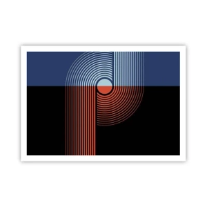 Poster - Geometrische Abstraktion mit Linien in Marineblau und Orange. - 100x70cm - In einer geometrischen Umarmung - Moderne Wanddekoration für Wohnzimmer und Schlafzimmer ARTTOR