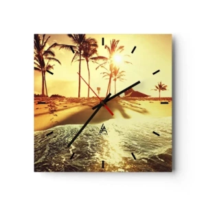 Wanduhr - Glasuhr - Ein Strand mit Palmen, beleuchtet von einem warmen Sonnenuntergang - 30x30cm - Kalifornien am Nachmittag - Moderne Wanddekoration für Wohnzimmer und Schlafzimmer ARTTOR