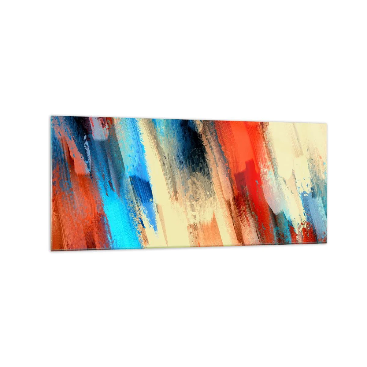 Glasbild - Bild auf glas - Abstrakter Pinselstrich in Blau- und Orangetönen - 120x50cm - Eine Kaskade von Farben - Moderne Wanddekoration für Wohnzimmer und Schlafzimmer ARTTOR