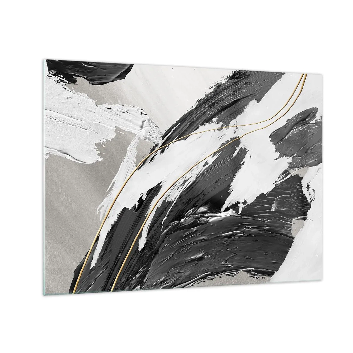 Glasbild - Bild auf glas - Dynamische Striche in Schwarz und Weiß mit goldenem Akzent - 70x50cm - Abstraktion in großem Stil - Moderne Wanddekoration für Wohnzimmer und Schlafzimmer ARTTOR