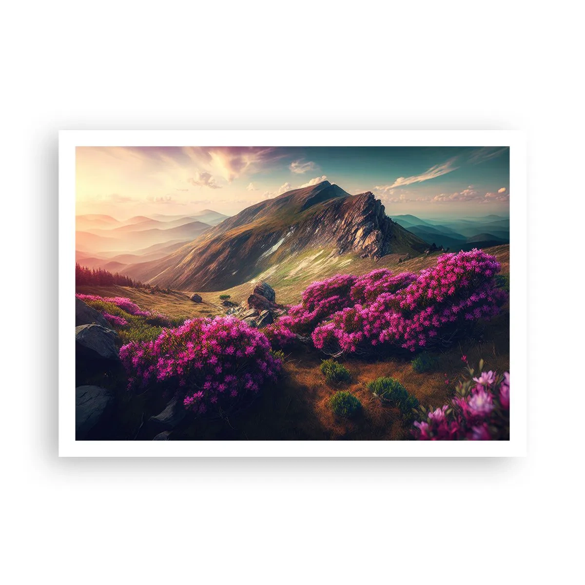 Poster - Berglandschaft mit blühenden Rhododendren - 100x70cm - Sommer in den Bergen - Moderne Wanddekoration für Wohnzimmer und Schlafzimmer ARTTOR