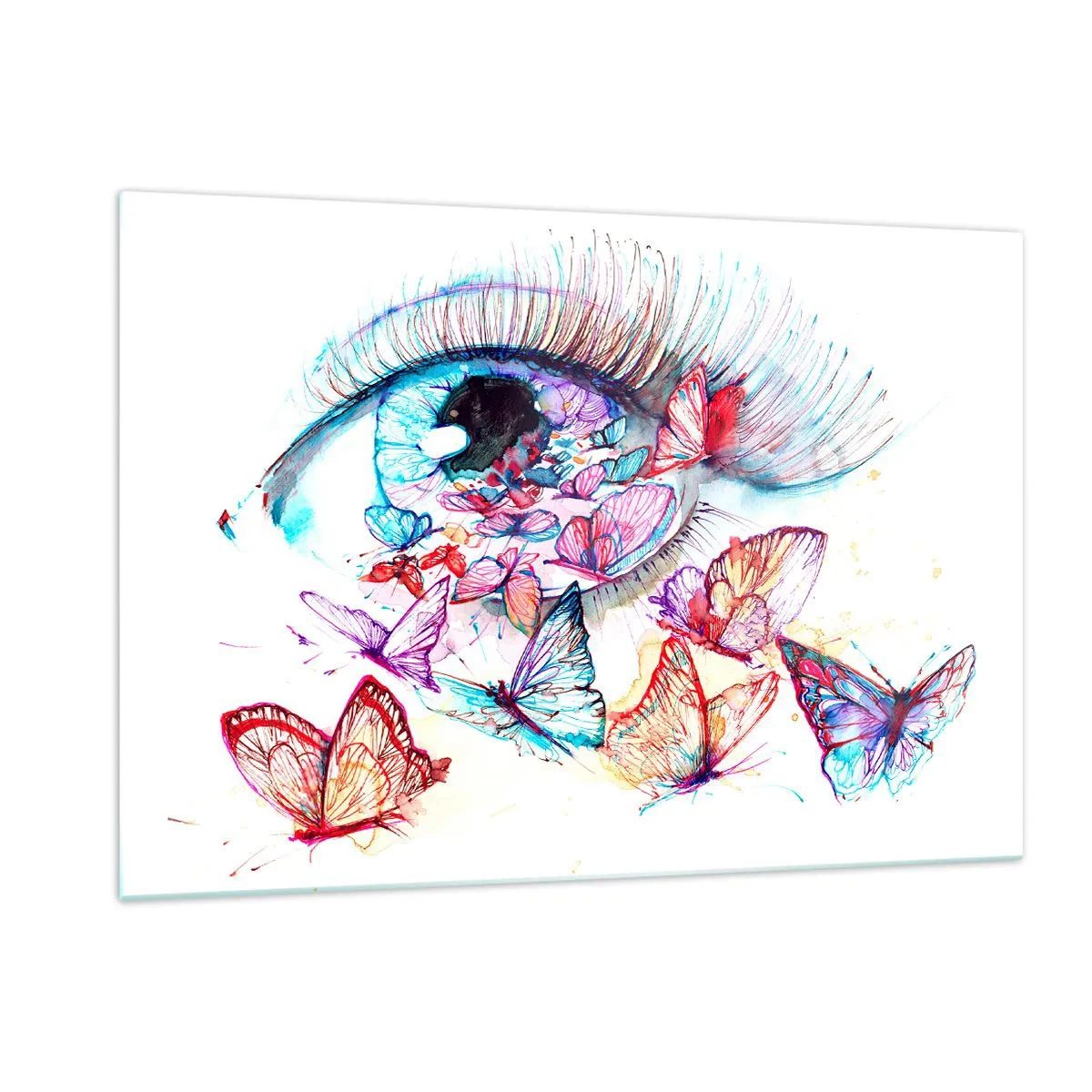 Glasbild - Bild auf glas - Das Auge einer Frau, umgeben von bunten Aquarellschmetterlingen - 120x80cm - Märchenhafter Augenzauber - Moderne Wanddekoration für Wohnzimmer und Schlafzimmer ARTTOR
