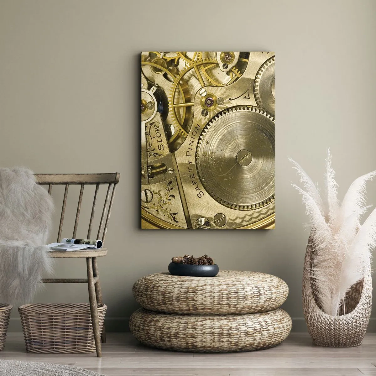 Bild auf Leinwand - Leinwandbild - Uhrwerk mit sichtbaren Zahnrädern und Details - 50x70cm - Geh mit der Zeit - Moderne Wanddekoration für Wohnzimmer und Schlafzimmer ARTTOR