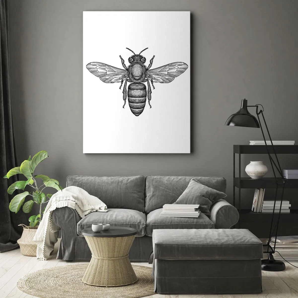 Bild auf Leinwand - Leinwandbild - Ein Cartoon-Bienenmotiv auf weißem Hintergrund im minimalistischen Stil. - 50x70cm - Insektenporträt - Moderne Wanddekoration für Wohnzimmer und Schlafzimmer ARTTOR