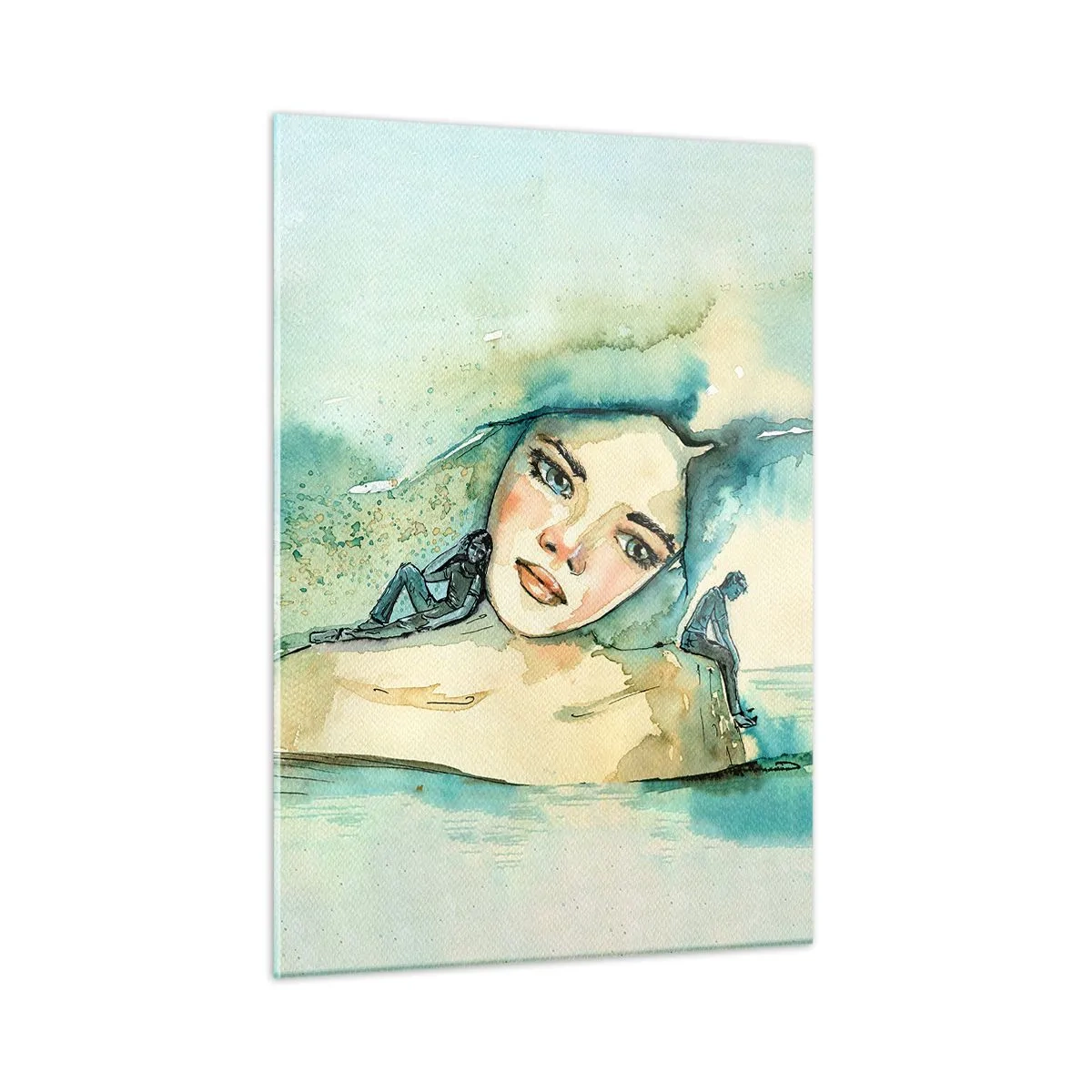 Glasbild - Bild auf glas - Porträt einer Frau im Aquarellstil mit Silhouetten von Figuren - 50x70cm - Bin ich blau? - Moderne Wanddekoration für Wohnzimmer und Schlafzimmer ARTTOR