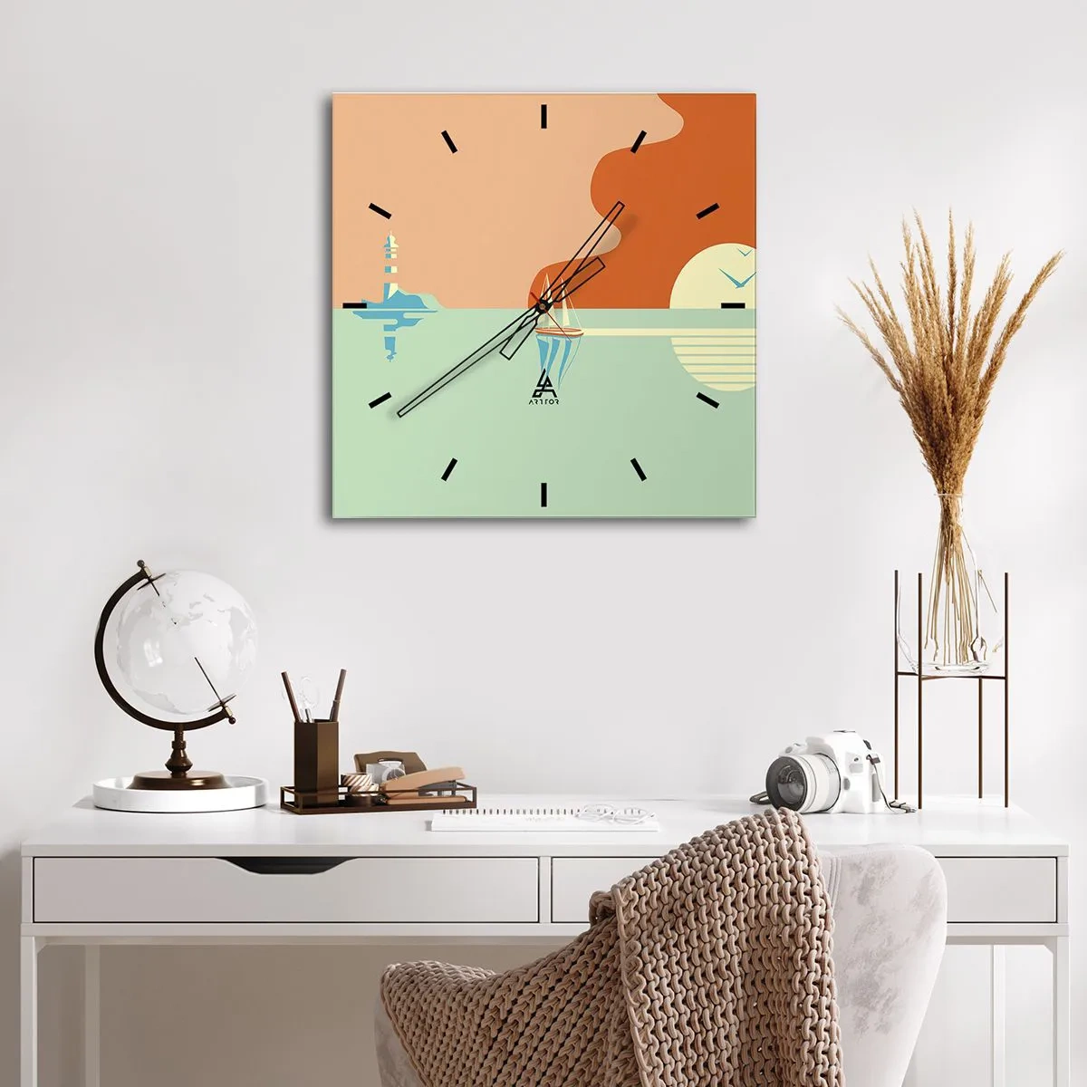 Wanduhr - Glasuhr - Eine minimalistische Meereslandschaft mit einem Segelboot und einem Sonnenuntergang - 30x30cm - Die perfekte Meereslandschaft - Moderne Wanddekoration für Wohnzimmer und Schlafzimmer ARTTOR