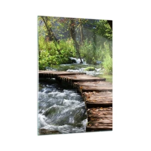 Glasbild - Bild auf glas - Eine Holzbrücke über einen rauschenden Bach - 50x70cm - Über der schaumigen Kaskade - Moderne Wanddekoration für Wohnzimmer und Schlafzimmer ARTTOR
