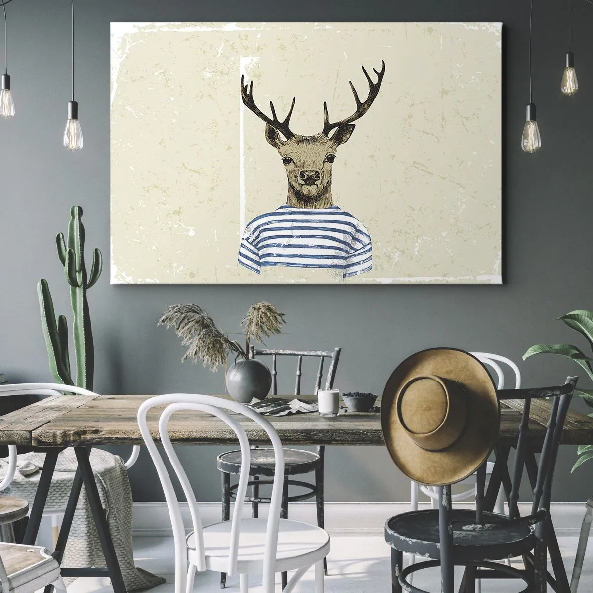 Bild auf Leinwand - Leinwandbild - Ein Hirsch im gestreiften Hemd auf hellem Hintergrund mit zarter Textur - 70x50cm - Weil ich gestreifte T-Shirts mag! - Moderne Wanddekoration für Wohnzimmer und Schlafzimmer ARTTOR