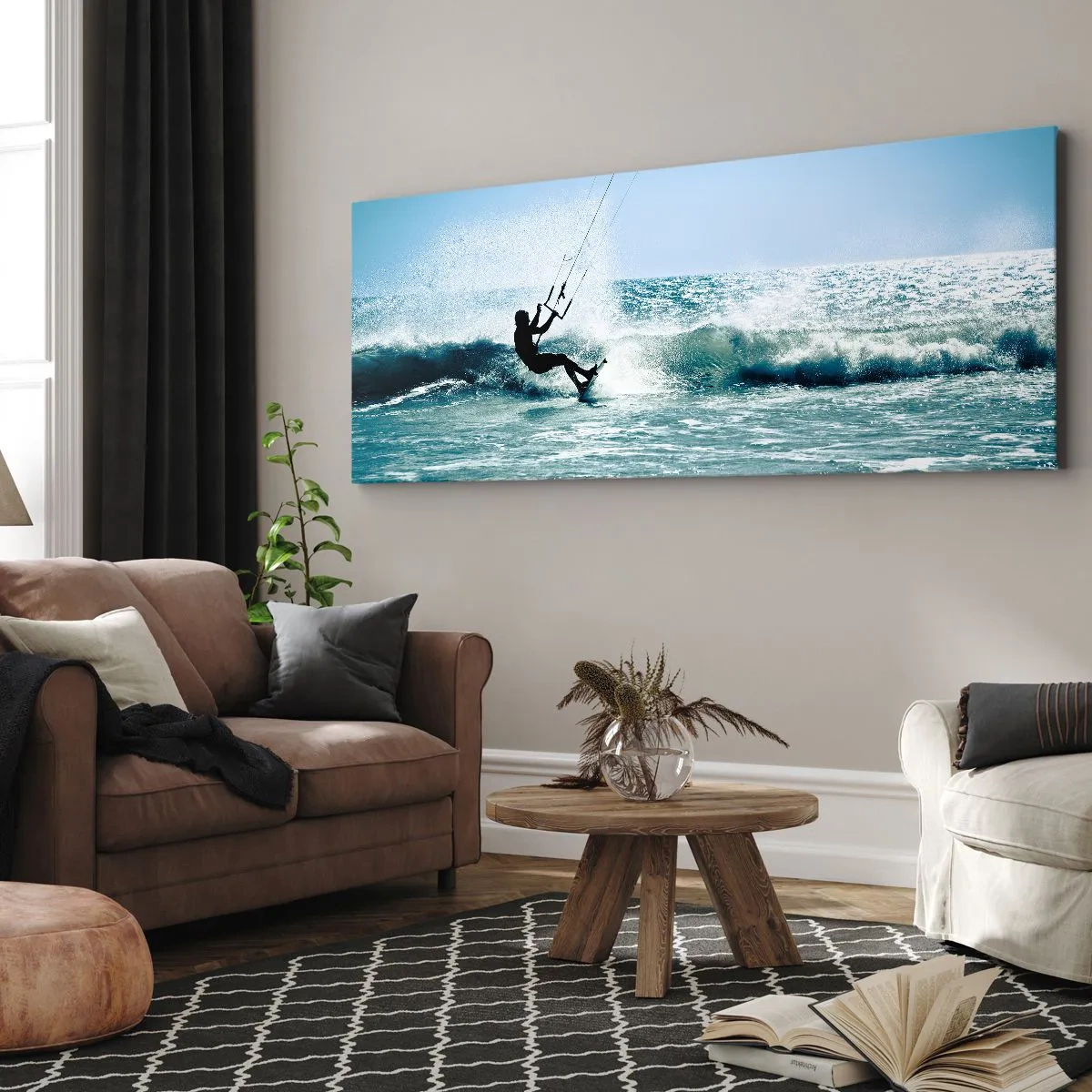 Bild auf Leinwand - Leinwandbild - Kitesurfer reitet eine Welle in der vollen Sonne - 140x50cm - Hinreißen lassen - Moderne Wanddekoration für Wohnzimmer und Schlafzimmer ARTTOR