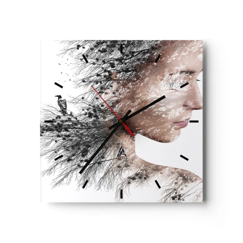 Wanduhr - Glasuhr - Silhouette einer Frau mit einem Zweig und Vogelmotiv im Hintergrund - 30x30cm - Der Geist des Waldes - Moderne Wanddekoration für Wohnzimmer und Schlafzimmer ARTTOR