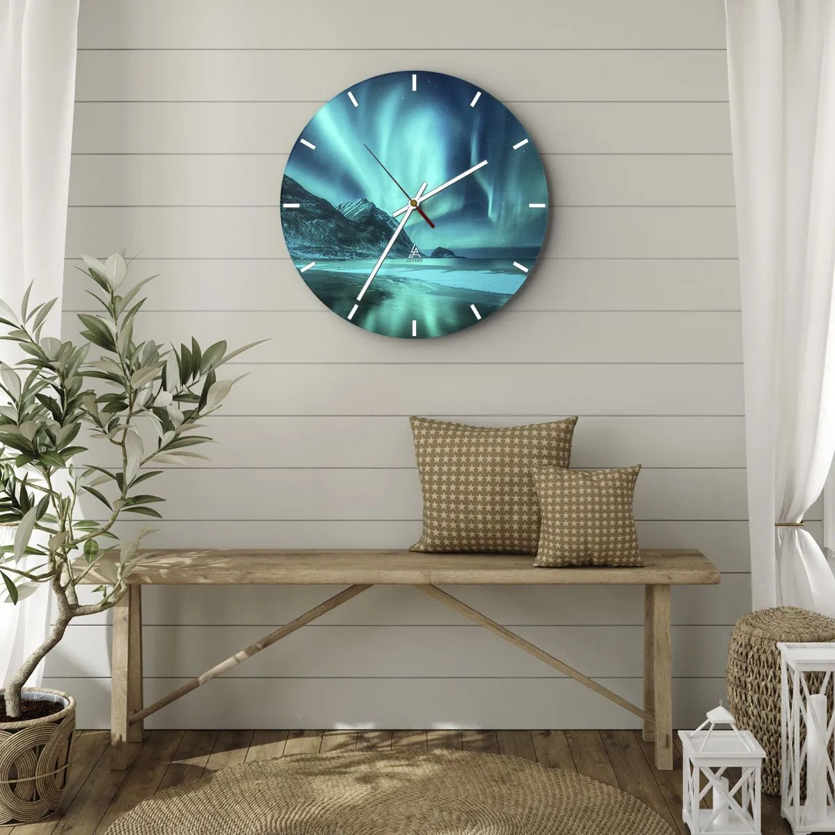 Wanduhr - Glasuhr - Aurora Borealis über der bergigen Küste bei Nacht - 30x30cm - Wunder des Nordens - Moderne Wanddekoration für Wohnzimmer, Küche und Schlafzimmer ARTTOR