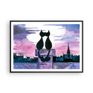 Poster in einem schwarzem Rahmen - Schwarze Katzen auf einem Dach im Mondlicht in einer Aquarell-Kulisse - 100x70cm - Rendez-vous unter dem Mond - Moderne Wanddekoration für Wohnzimmer und Schlafzimmer ARTTOR