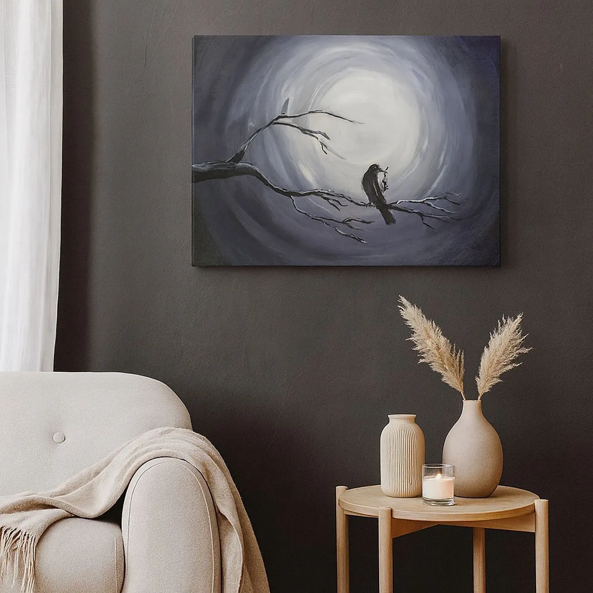 Bild auf Leinwand - Leinwandbild - Schwarzer Vogel auf einem Ast im Mondlicht - 70x50cm - Der Schlüssel zum Geheimnis der Nacht - Moderne Wanddekoration für Wohnzimmer und Schlafzimmer ARTTOR