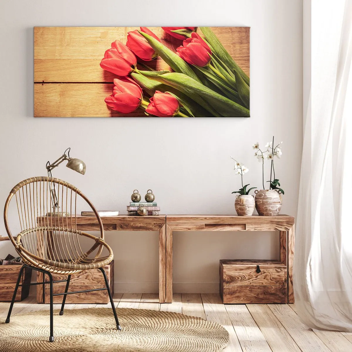 Bild auf Leinwand - Leinwandbild - Ein Strauß rosa Tulpen auf einem hölzernen Hintergrund - 140x50cm - Frühlingsgeständnis - Moderne Wanddekoration für Wohnzimmer und Schlafzimmer ARTTOR
