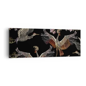Bild auf Leinwand - Leinwandbild - Stilvolle Kraniche und Blumen auf schwarzem Hintergrund - 140x50cm - Märchenvogel - Moderne Wanddekoration für Wohnzimmer und Schlafzimmer ARTTOR