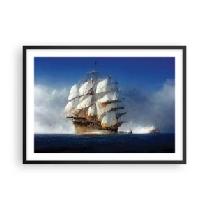 Poster in einem schwarzem Rahmen - Ein Segelschiff auf offener See unter blauem Himmel - 70x50cm - Der große Ruhm! - Moderne Wanddekoration für Wohnzimmer und Schlafzimmer ARTTOR