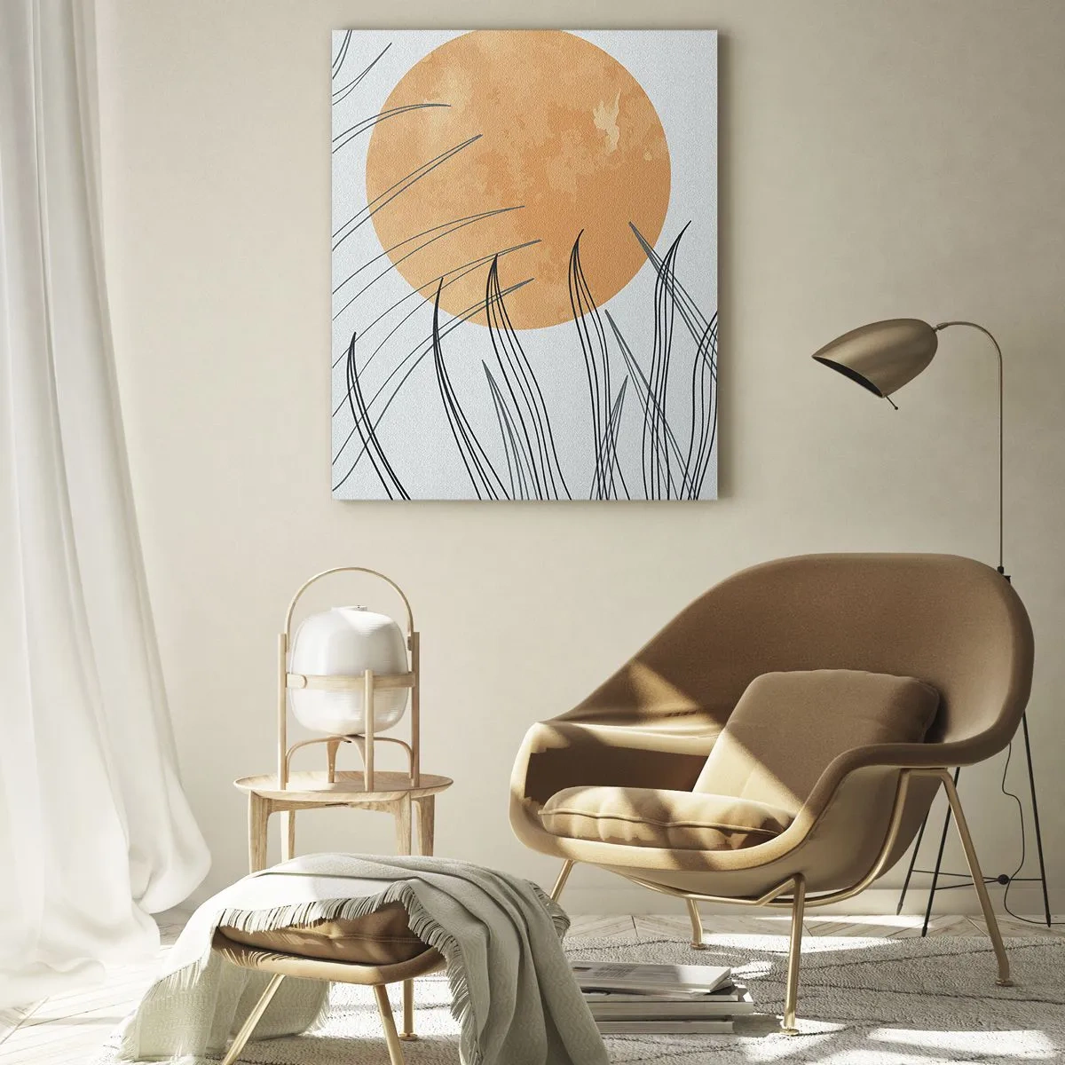 Glasbild - Bild auf glas - Orange Sonne mit dynamischen Linien auf hellem Hintergrund - 50x70cm - Immer der Sonne entgegen - Moderne Wanddekoration für Wohnzimmer und Schlafzimmer ARTTOR