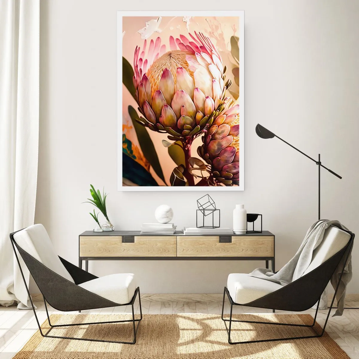 Poster - Nahaufnahme einer Protea-Blume in warmen Farben - 50x70cm - Zärtlich umarmt - Moderne Wanddekoration für Wohnzimmer und Schlafzimmer ARTTOR