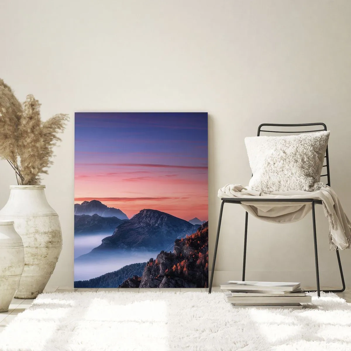 Glasbild - Bild auf glas - Berglandschaft bei Sonnenaufgang mit Nebel in den Tälern - 70x100cm - Über die Täler - Moderne Wanddekoration für Wohnzimmer und Schlafzimmer ARTTOR