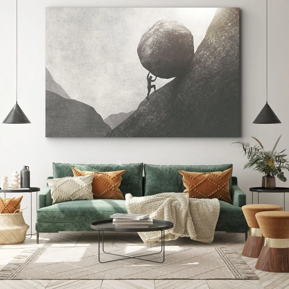 Bild auf Leinwand - Leinwandbild - Ein Mann klettert einen riesigen Felsbrocken einen Hügel hinauf - 70x50cm - Ich glaube wider alle Hoffnung - Moderne Wanddekoration für Wohnzimmer und Schlafzimmer ARTTOR