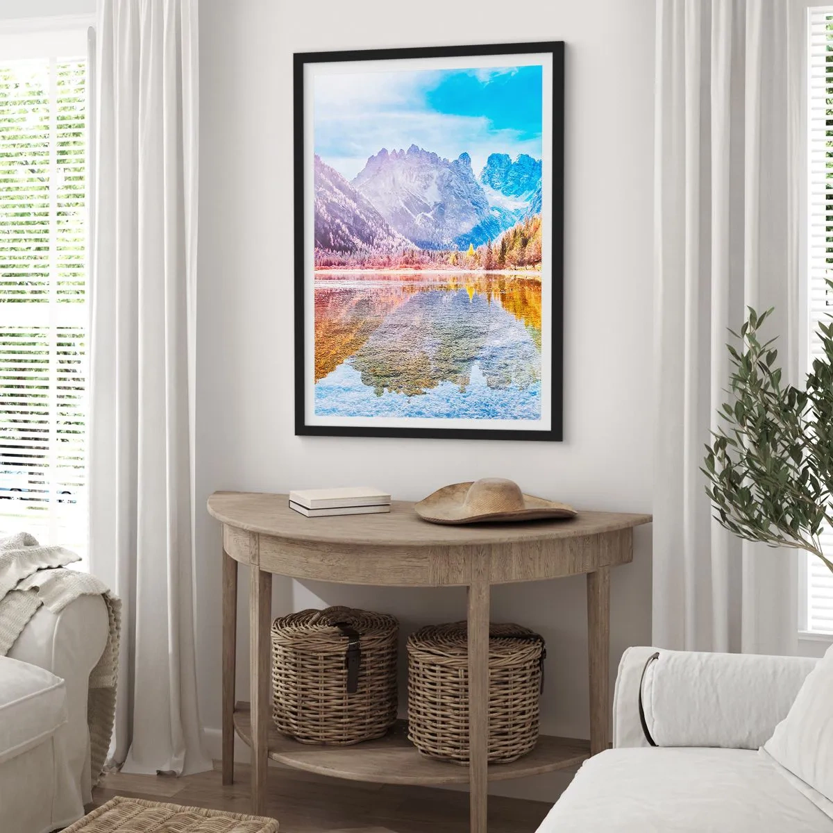 Poster in einem schwarzem Rahmen - Berglandschaft mit See und Herbstfarben - 50x70cm - Und in den Bergen ist es schon Herbst - Moderne Wanddekoration für Wohnzimmer und Schlafzimmer ARTTOR
