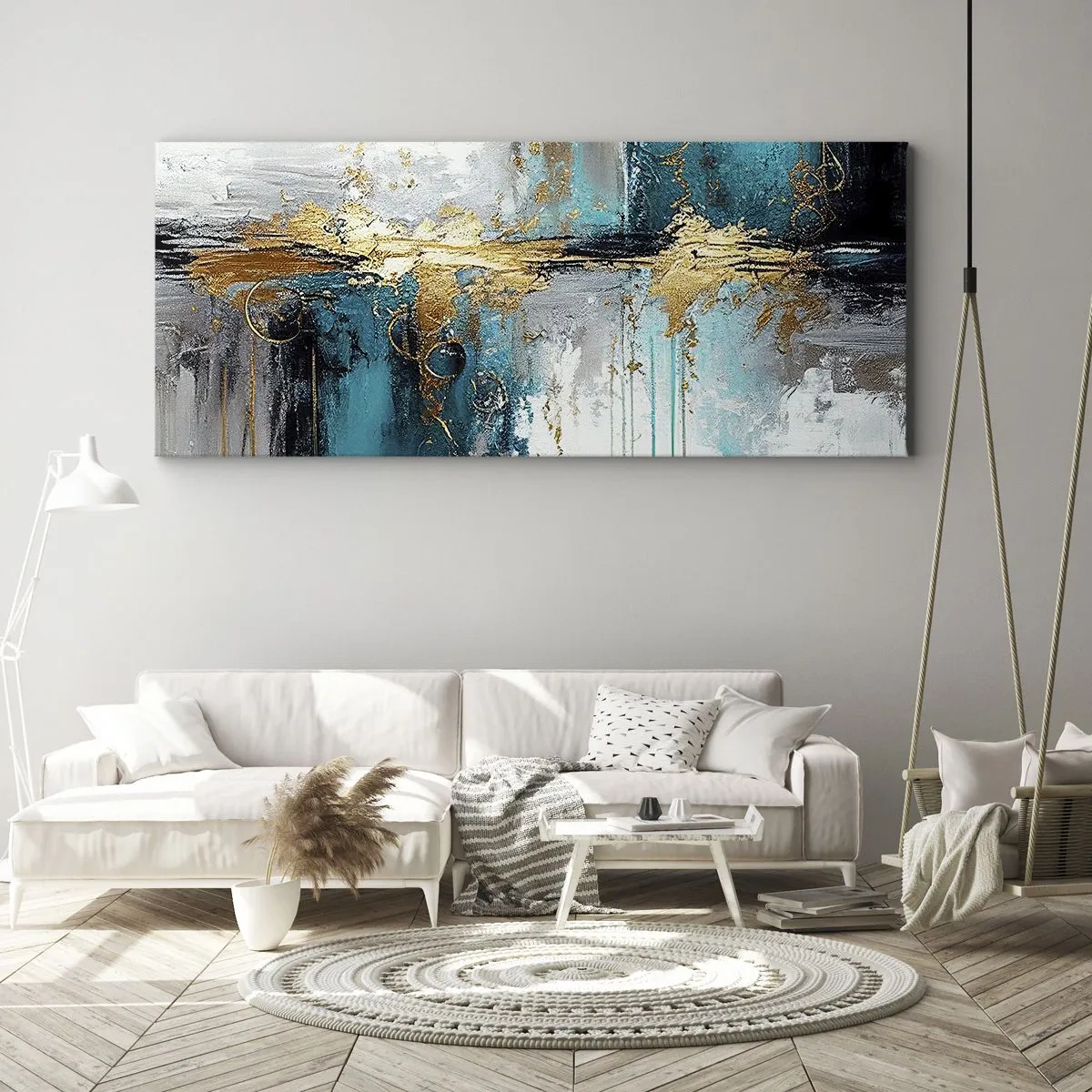 Bild auf Leinwand - Leinwandbild - Eine abstrakte Komposition mit türkisfarbenen und goldenen Akzenten. - 140x50cm - Alles fließt - Moderne Wanddekoration für Wohnzimmer und Schlafzimmer ARTTOR