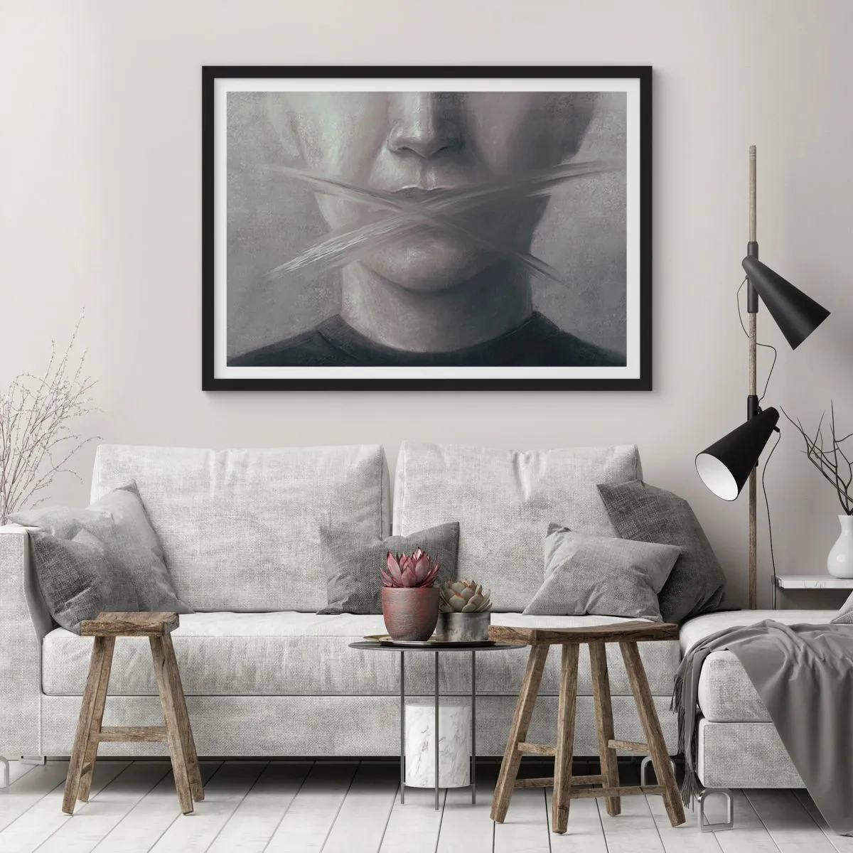 Poster in einem schwarzem Rahmen - Ein symbolisches Porträt mit verschwommenen Lippen in Grautönen. - 100x70cm - Ohne ein Wort - Moderne Wanddekoration für Wohnzimmer und Schlafzimmer ARTTOR