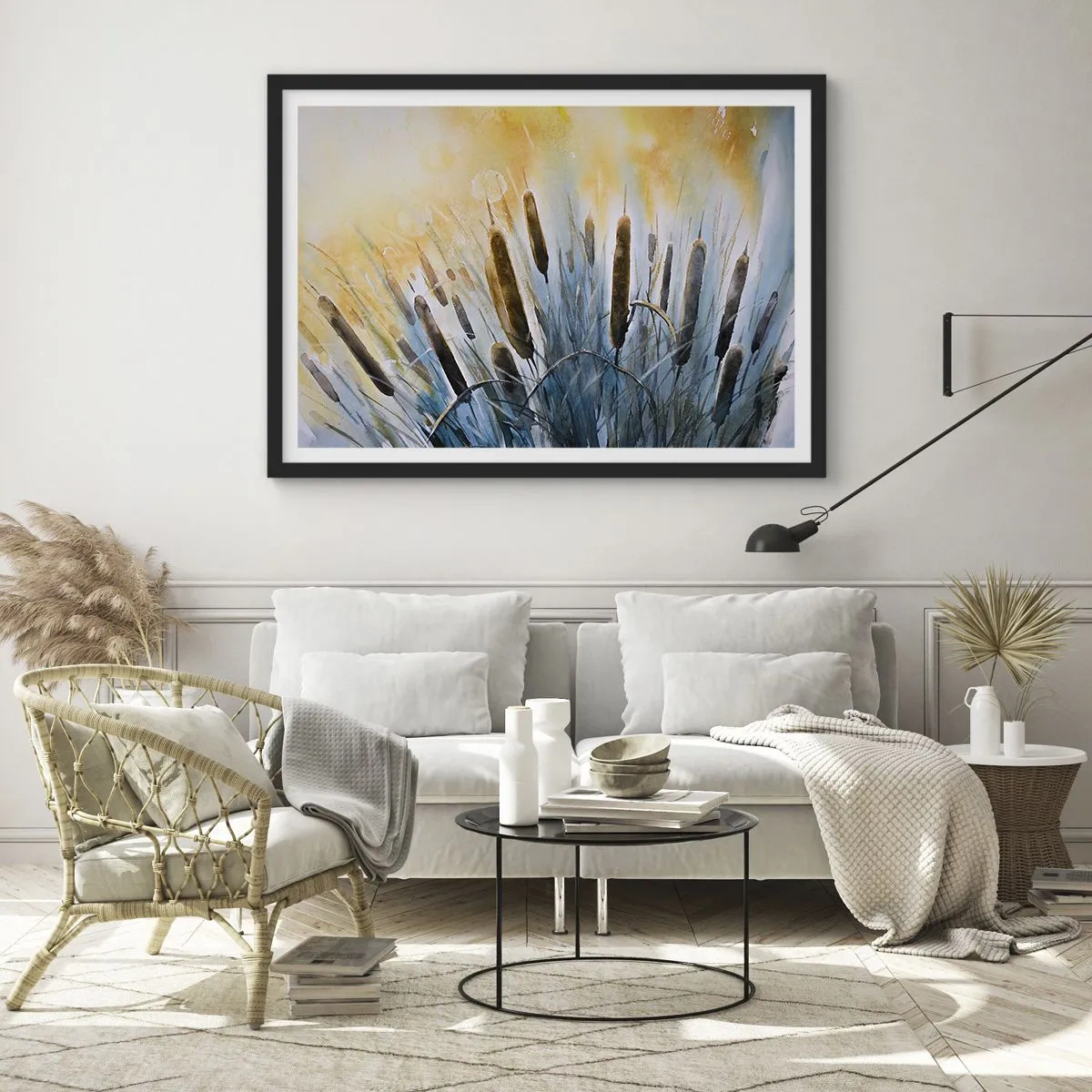 Poster in einem schwarzem Rahmen - Malerisches Schilf in den Sonnenstrahlen - 70x50cm - Die Kälte des Wassers, die Hitze der Sonne - Moderne Wanddekoration für Wohnzimmer und Schlafzimmer ARTTOR